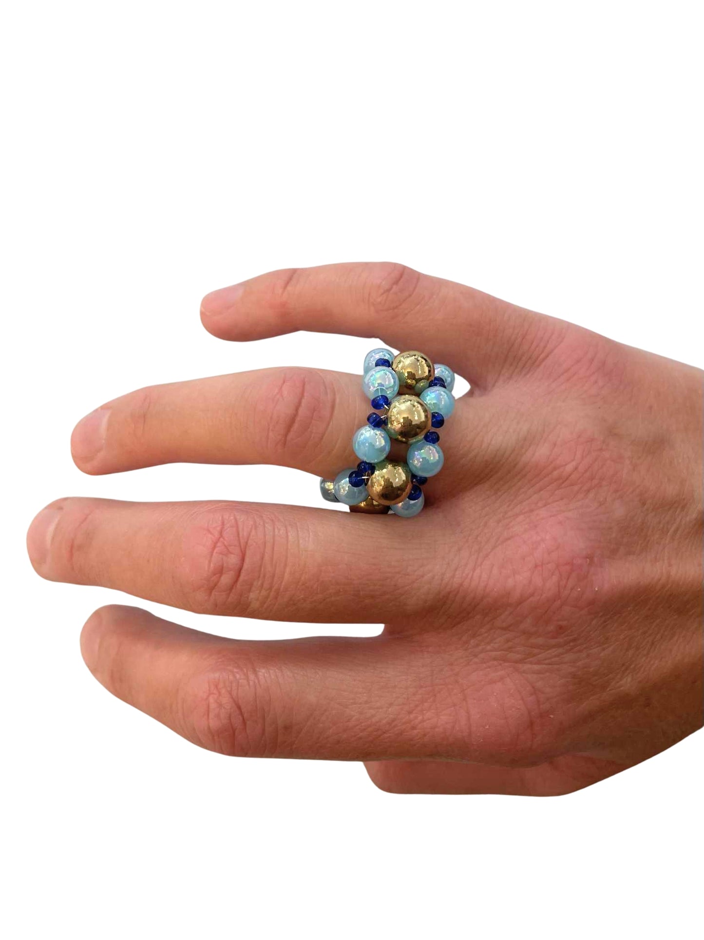 Pearl & Gold Bead Ring – Sky Blue