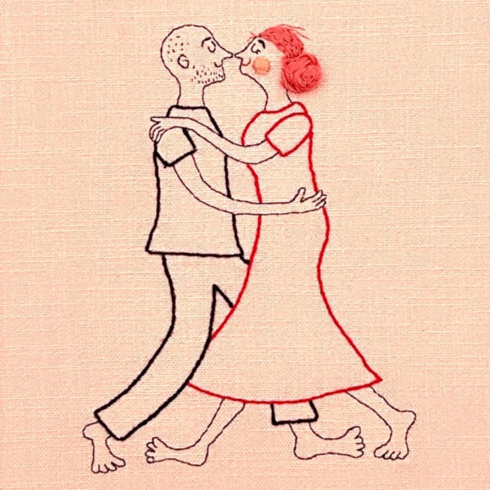 Couple’s Dance on Pink – Framed Embroidery Art