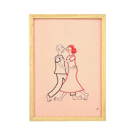 Couple’s Dance on Pink – Framed Embroidery Art